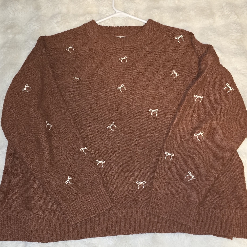 One Loved Babe Rust Brown Knit Sweater with White Embroidered Bows